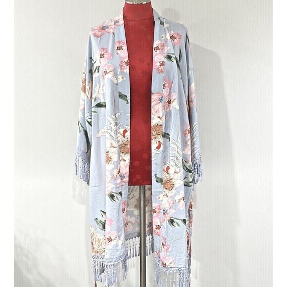 Romantic kimono wrap robe Boho blue pink floral soft cotton lace tassel trim OS - Picture 5 of 11